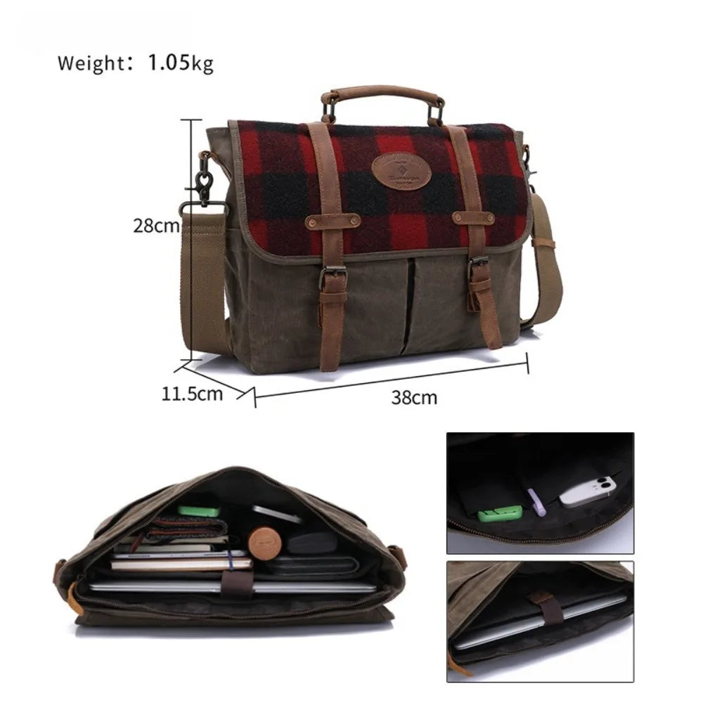Vintage Oil Wax Canvas Men's Shoulder Boys Messenger Bag Japanese Mailman Bag Men's Commuter British Style First Layer Cowhide Vue