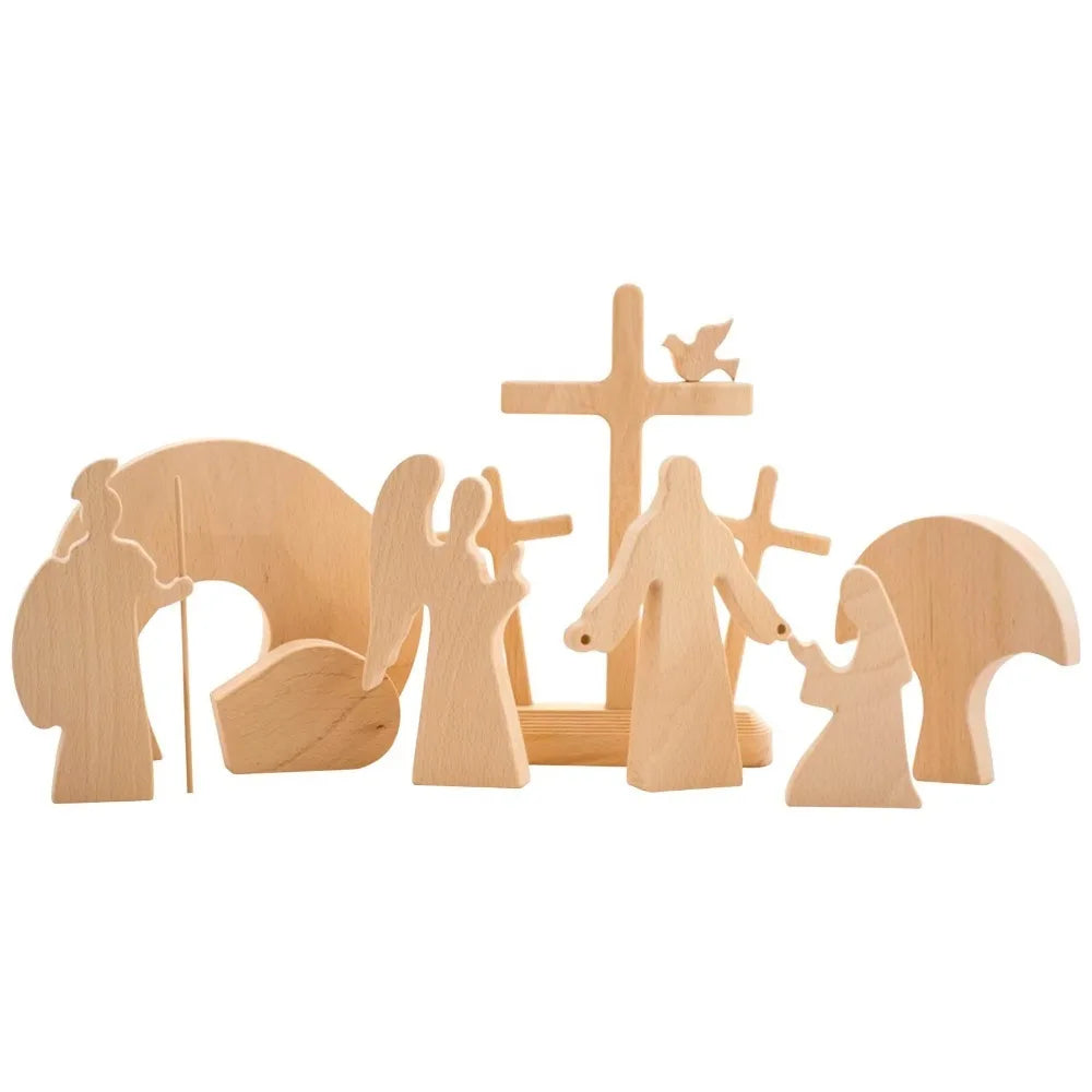 Solid Wood Jesus Resurrection Scene Ornaments with Cross Handmade Easter Empty Tomb Scene Set Simple Style Vue Wood