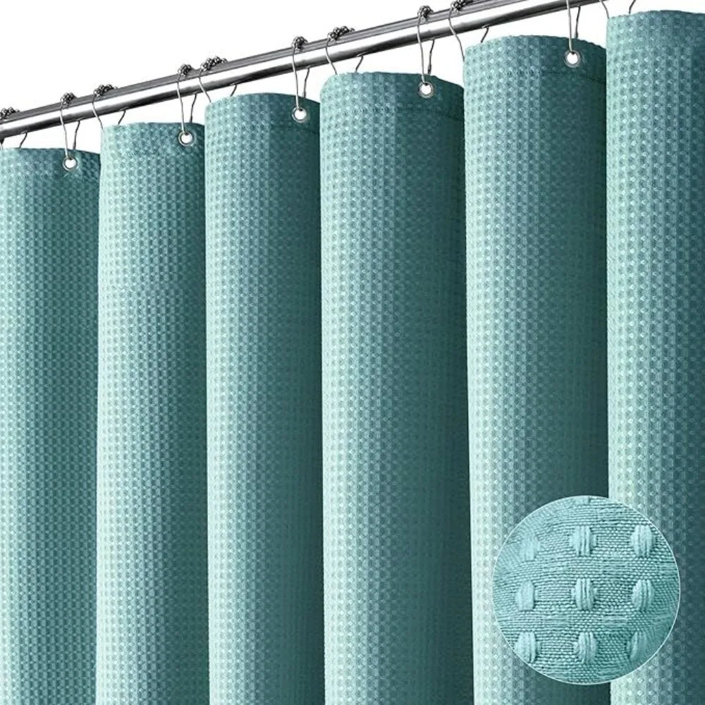 Waterproof Plain Waffle Shower Curtain Mildew-proof Solid Color Shading Curtain Polyester with Hooks Bathroom Partition Curtain Vue Cyan- 90-180cm