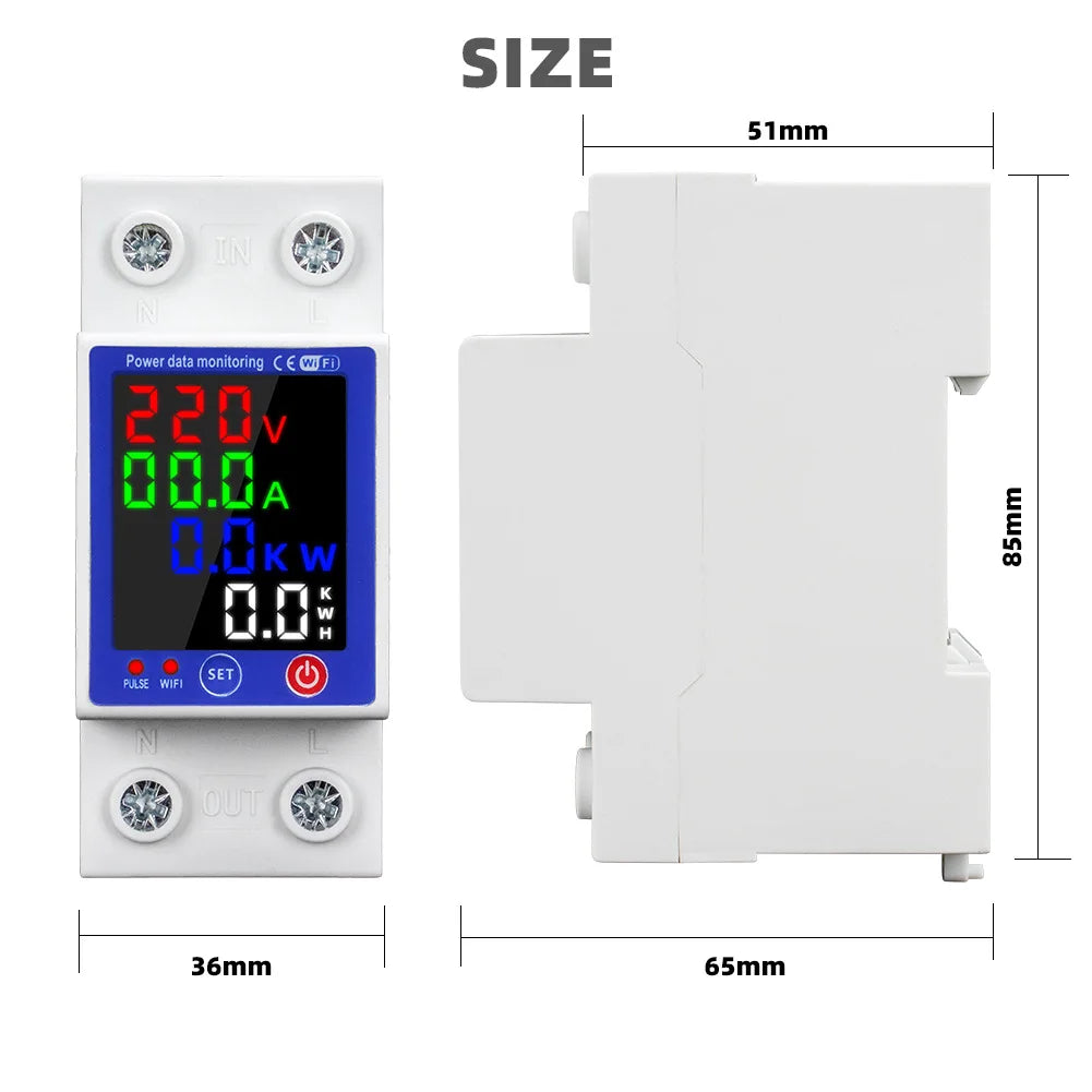 Tuya WiFi Smart Energy Meter Multifunction Leakage Protector Color Display Over Under Voltage Protector Prepaid Metering Breaker Vue