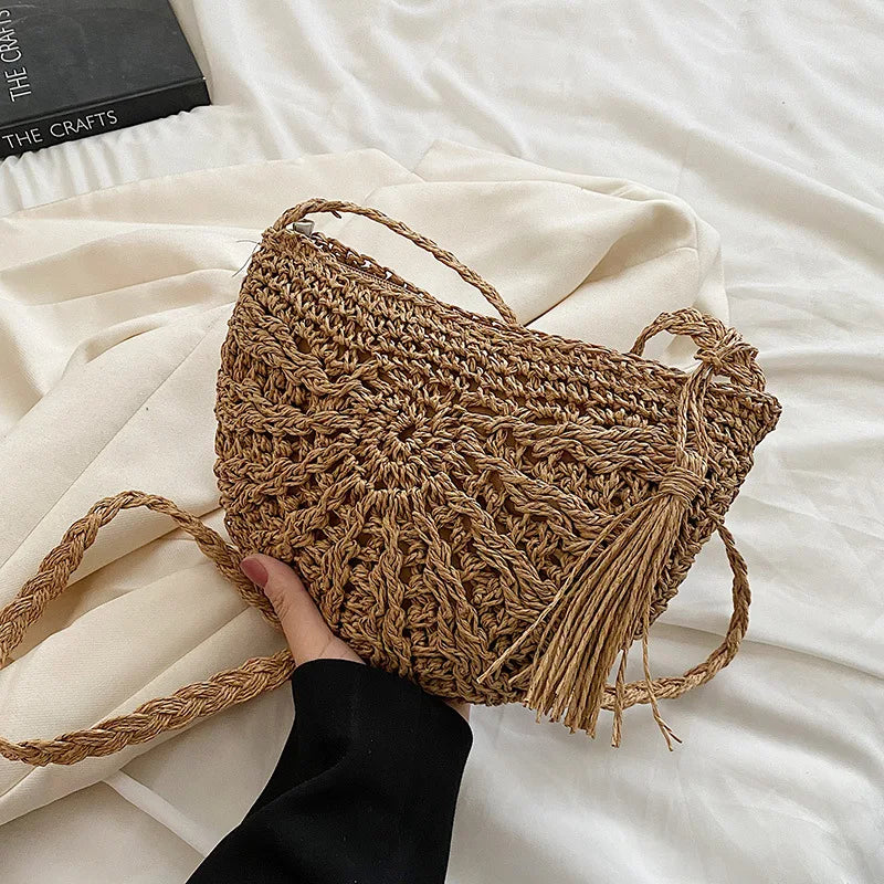 Fashion Semicircle Straw Woven Shoulder Crossbody Bag Travel Small