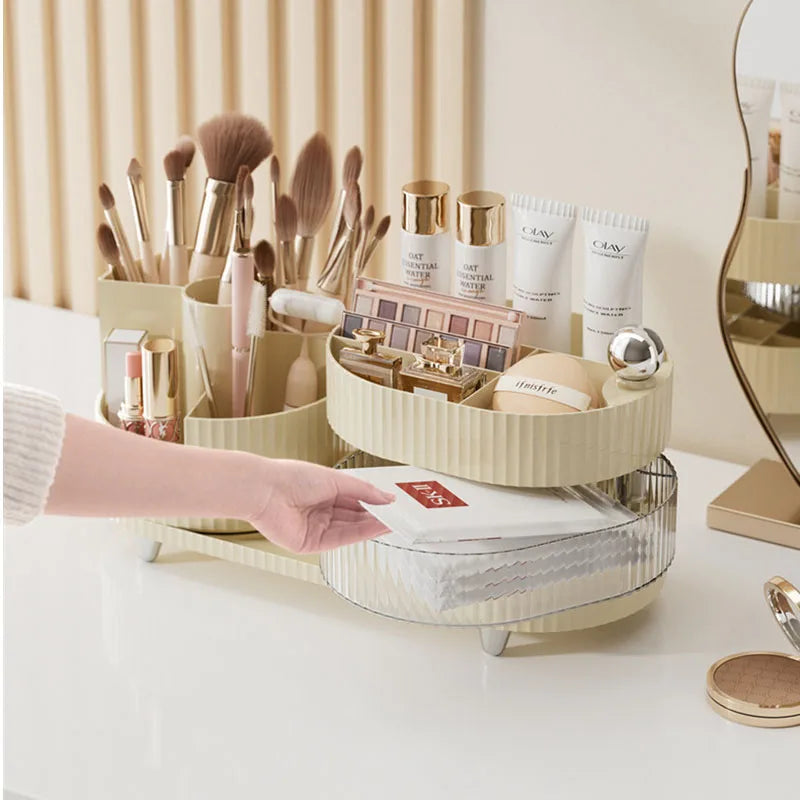 360° Rotating Cosmetic Storage Box Makeup Brushes Drawer Organizer Large Capacity Skincare Eyeshadow Lipstick Compartment Shelf Vue