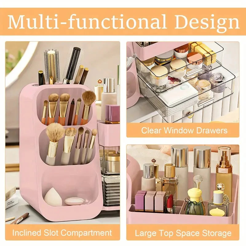 Large Capacity Makeup Tools Organizer with Drawers and Brushes Holder Plastic Cosmetics Skincare Dressing Desktop Storage Box Vue