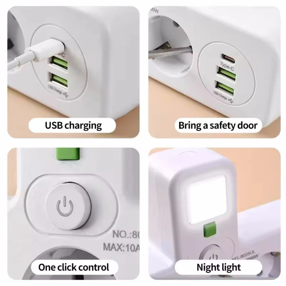 Multiple Sockets AC EU Plug Power Strip No Extension Cable With USB Ports Surge Protector Network Filter Individual Switch Vue