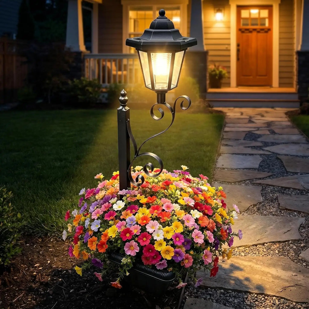 Wrought Iron Solar Lamppost with Planter Waterproof Outdoor Floor Stake Light for Garden Patio Walkway Landscape Ambiance Decor Vue