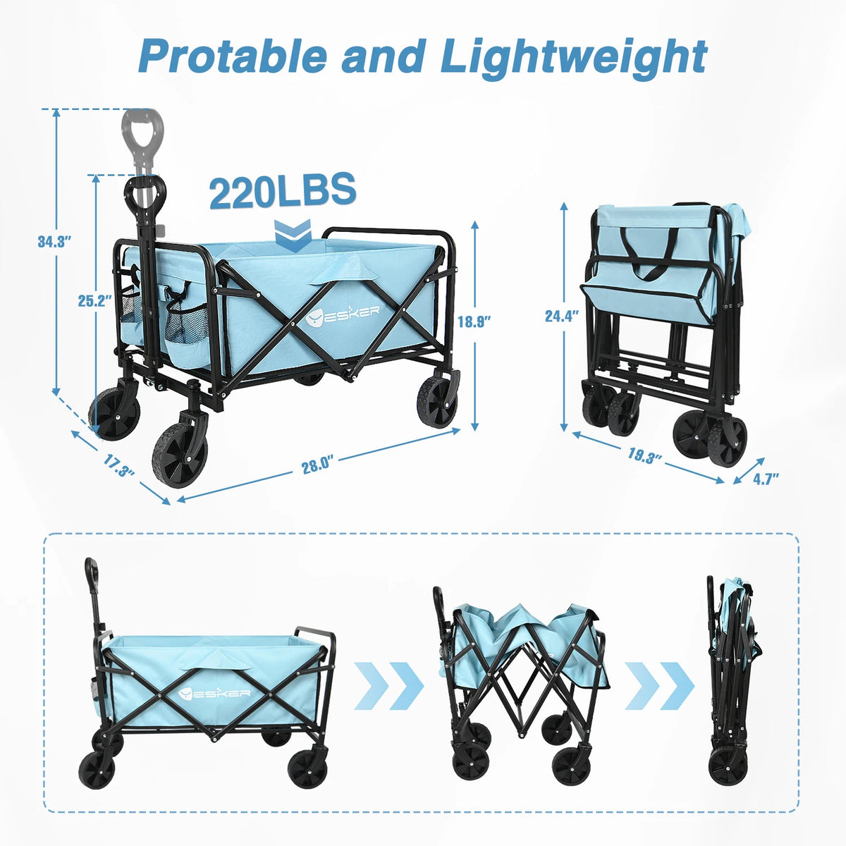 Nilight Portable Foldable Wagon, 220LB Heavy Duty Foldable Utility Garden Wagon With Terrain Car Storage Car Wheels, Side Pocket Vue
