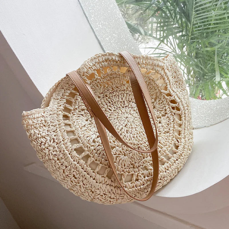 Summer Round Straw Bags for Women Rattan Shoulder Bag Travel Handmade Woven Beach Handbags Female Large Capacity Totes Bag Vue