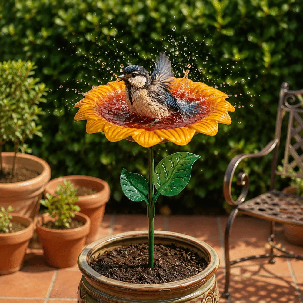 Water Feature Metal Bird Bath Sunflower Iron Art Bird Water Dispenser Outdoor Flower Garden Stake Courtyard Decor Vue