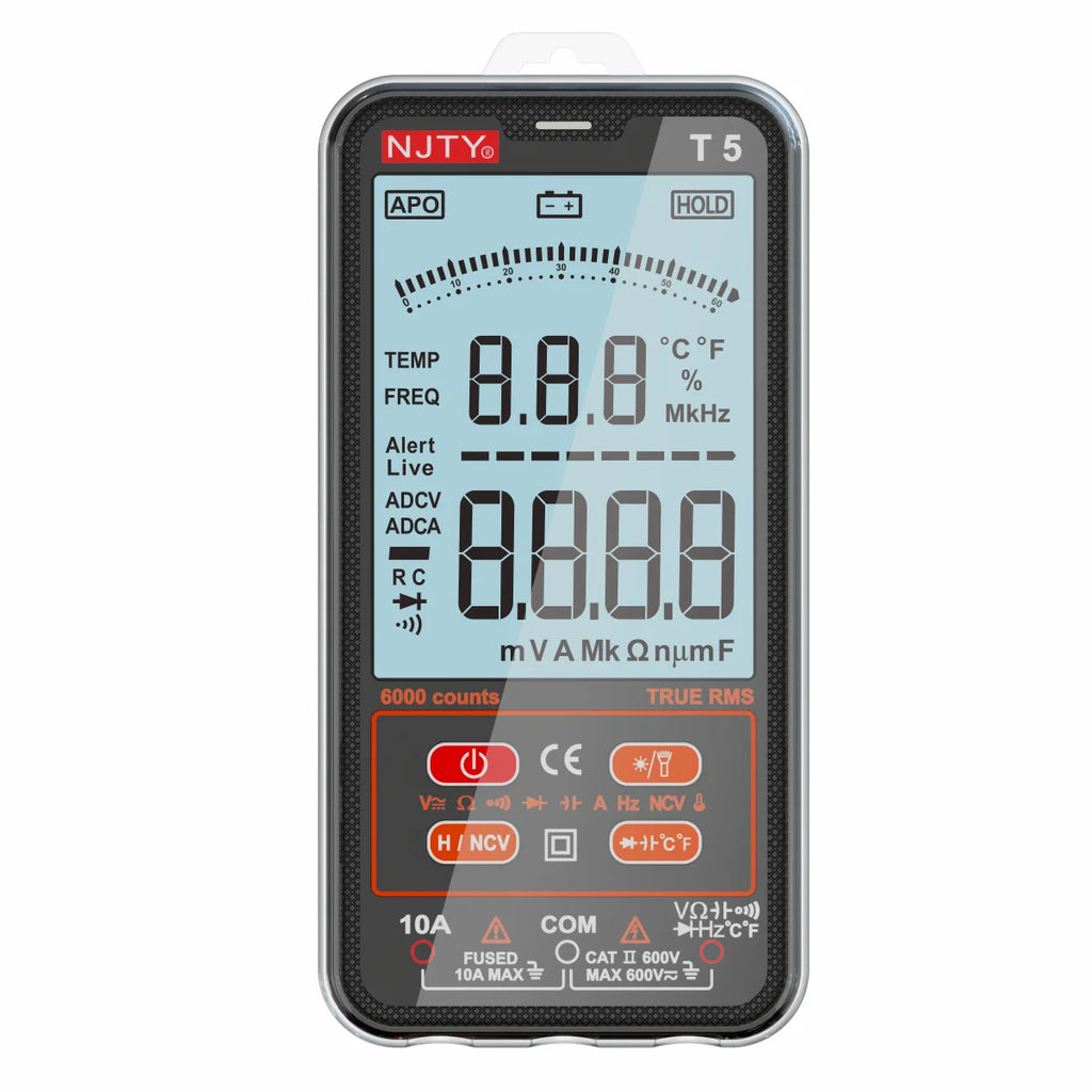 NJTY T5 TRMS Smart Digital Multimeter 6000 Counts Auto Electrical Tools Capacitance Meter Voltage Current Resistance TEMPERATURE Vue black