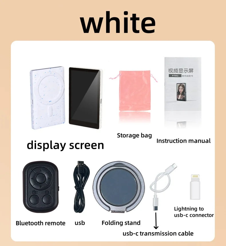 Phone Selfie Monitor Screen Wireless Magnetic Mount Vlog Phone Rear Camera Selfie WiFi Bluetooth Connection for Selfie Live Vue WHITE
