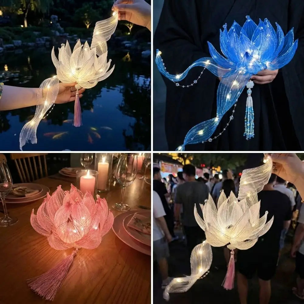 Ancient Style Handheld Lotus Lantern Handmade DIY Craft Kit Ribbon Fairy Lotus Lantern Colorful Luminous Vue