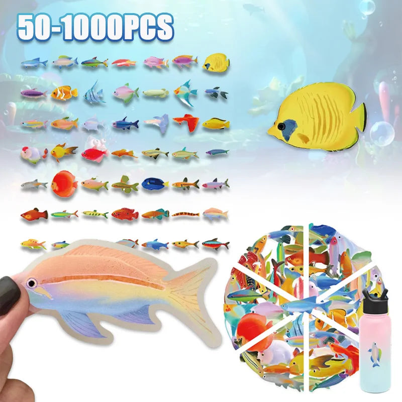 50-1000PCS Cartoon Waterproof Fish Transparent Stickers Art DIY Laptop Decal Cartoon Phone Graffiti Sticker Skateboard Luggage Vue
