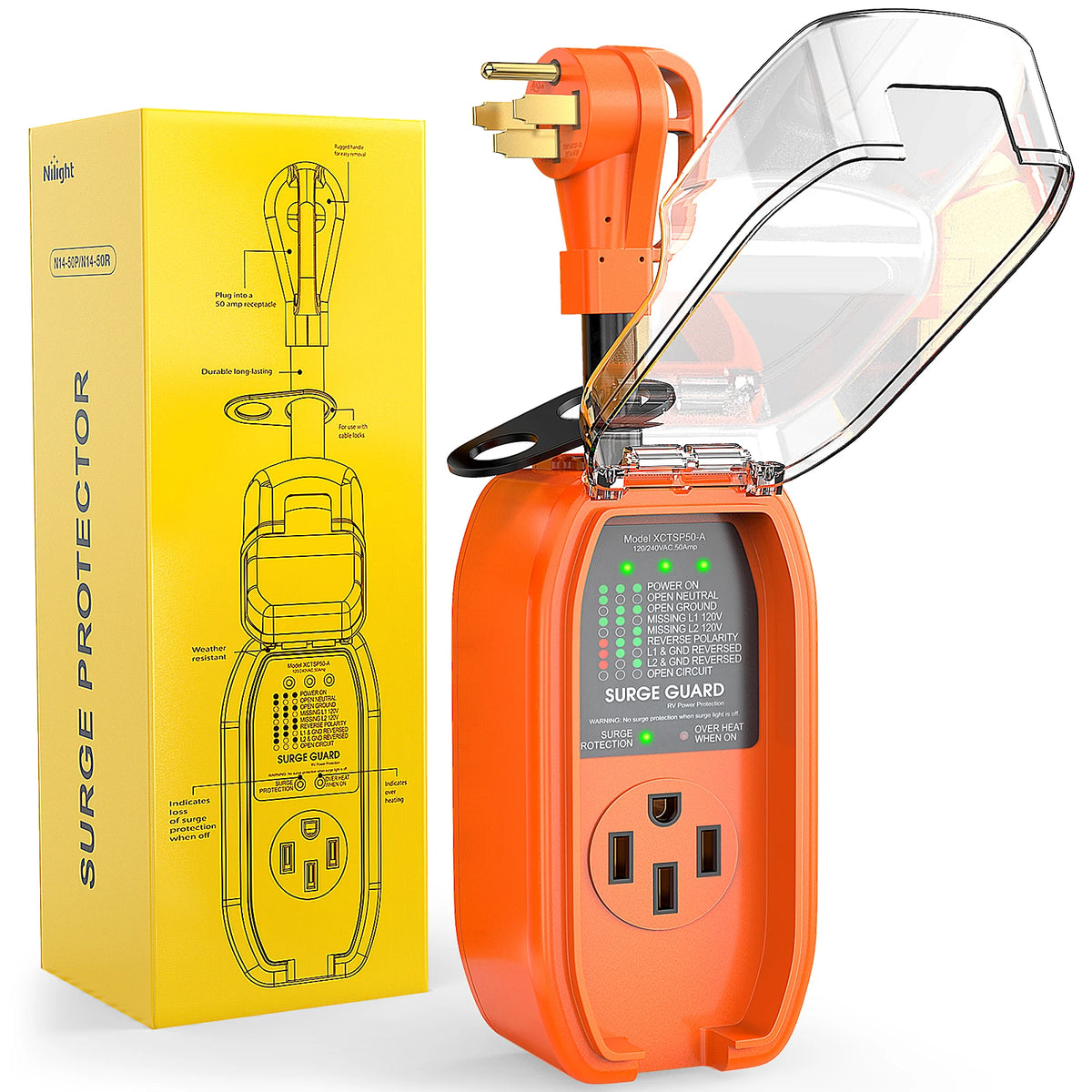 Nilight 50Amp RV Surge Protector Circuit Analyzer 4200 Joules Voltage Monitor High Low Spikes 125V/6250W ETL Listed with Extension Cord for RVs Camper Van Vue Orange United States