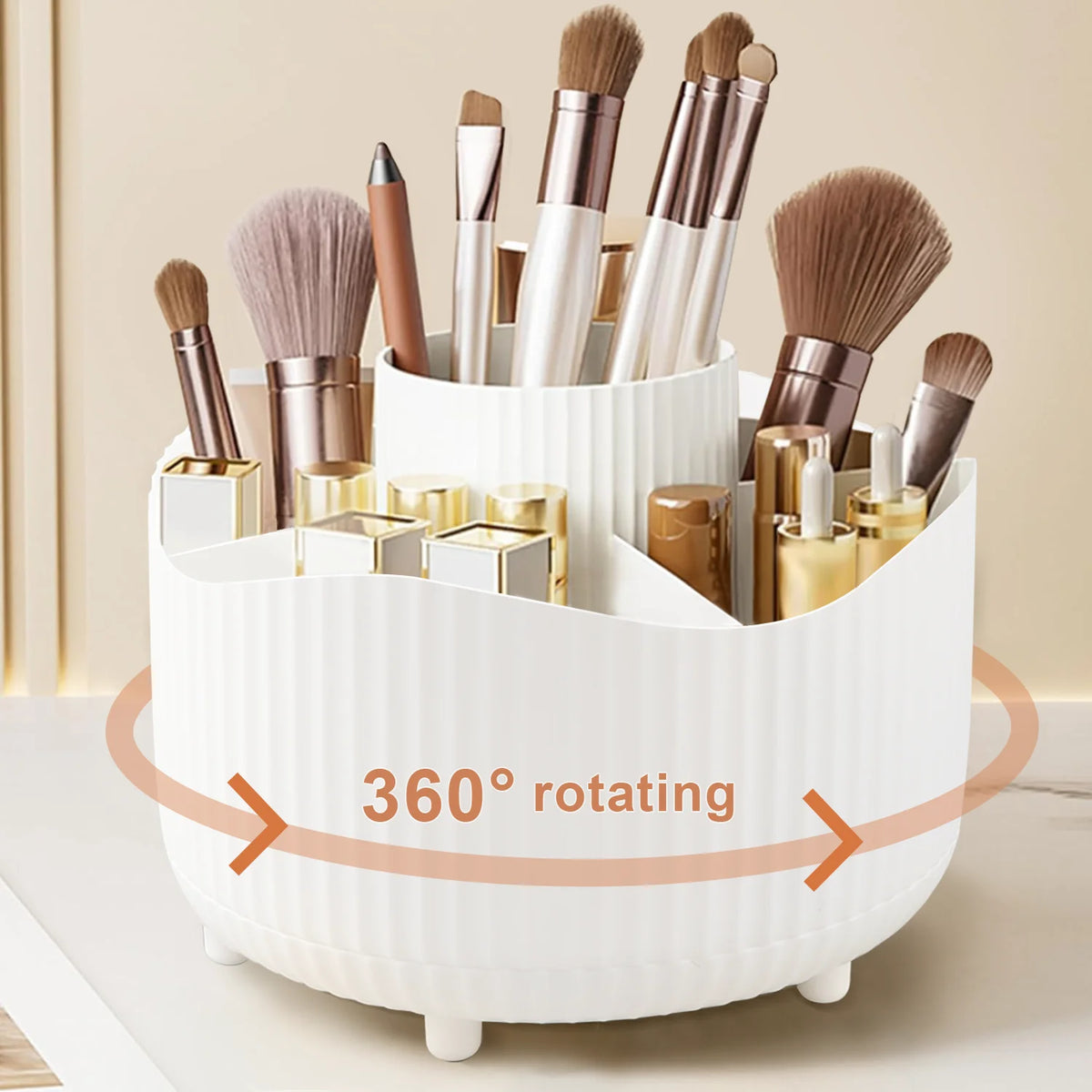 360° Rotating Large Capacity Makeup Holder Desktop Cosmetic Storage Box Organizer Portable Lipstick & Makeup Brush Stand Vue 360WH