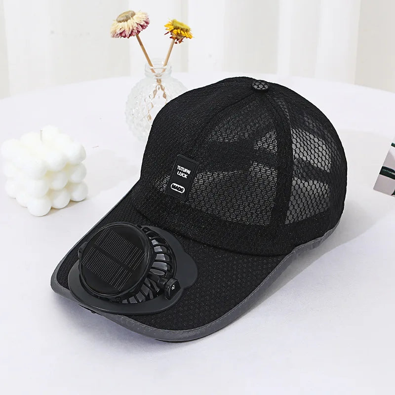 Baseball Cap with Charging Fan Solar Powered Summer Mesh Sun Hat for Men Women Outdoor Breathable UV Protection Cooling Headwear Vue Black