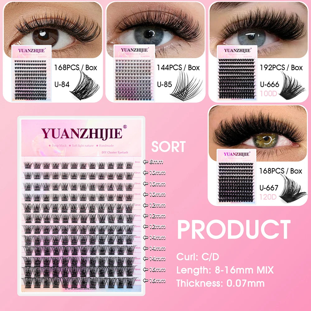 12 Rows YUANZHIJIE Premium Faux Mink Material DIY Lashes Individual Handmade Segmented Hybrid Eyelashes Supplies Vue