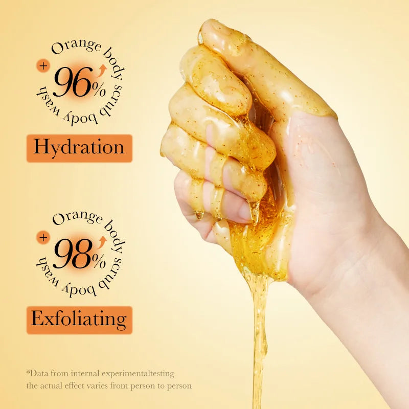 300ml Orange Body Scrub Shower Gel, a Cleansing Body Wash Containing Fresh Orange Extract, Citrate Salts, and Other Skin Care Ingredients. the Fine Scrub Particles Deeply Cleanse Skin Impurities and Dead Skin Cells, While Hyd Vue