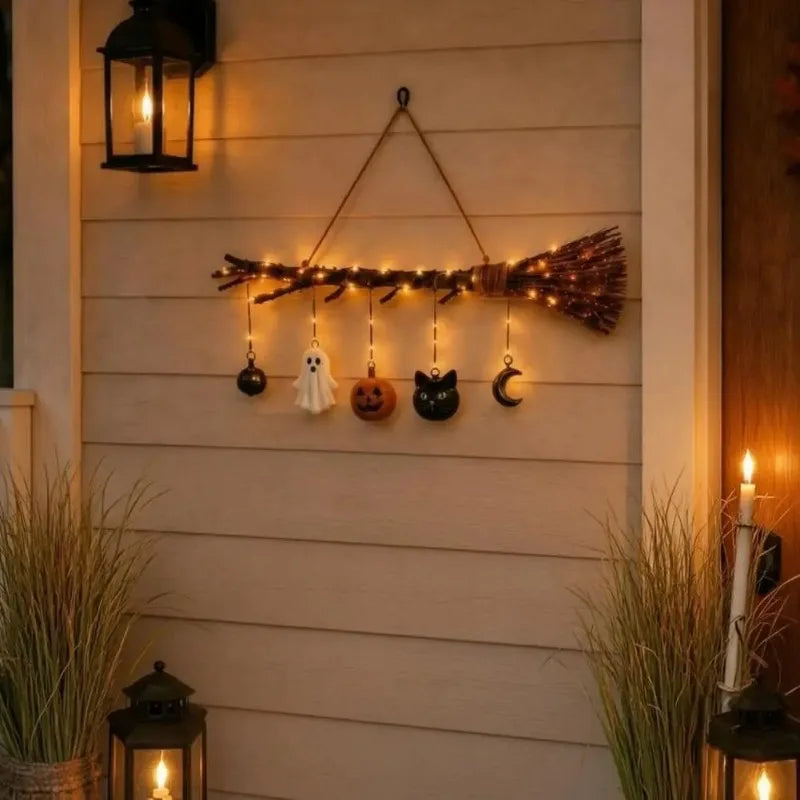 Rustic Halloween Door Sign, LED Witch Broom Wall Hanging Decor with Pumpkin Ghost Cat for Autumn Home Vue
