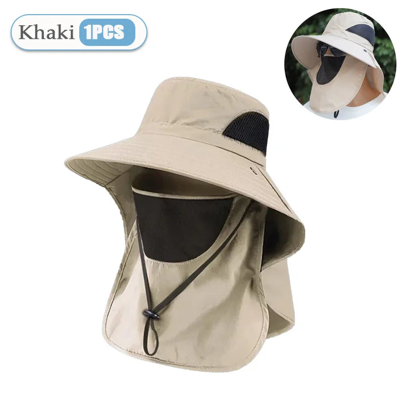 Men‘s Outdoor Fishing Sun Hat with Mosquito Net Face Veil Neck Flap Summer UV Protection Wide Brim Fisherman Cap Vue Khaki-1PC