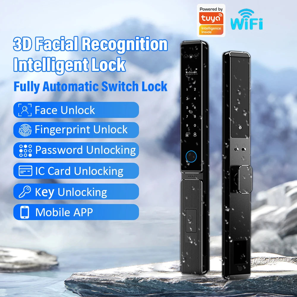 WIFI Support Tuya App Narrow Waterproof Facial Recognition Fingerprint Lock RFID Card Code Keyless Video Call Electronic Lock Vue