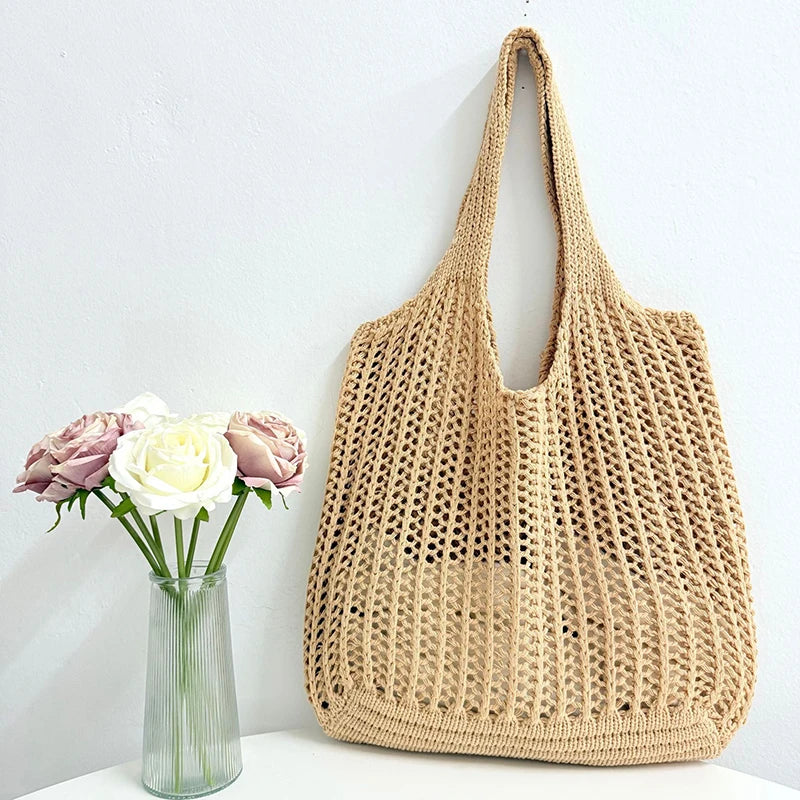 Summer Weaving Light Hollow Large Capacity Tote Bag Casual Beach Vue brown