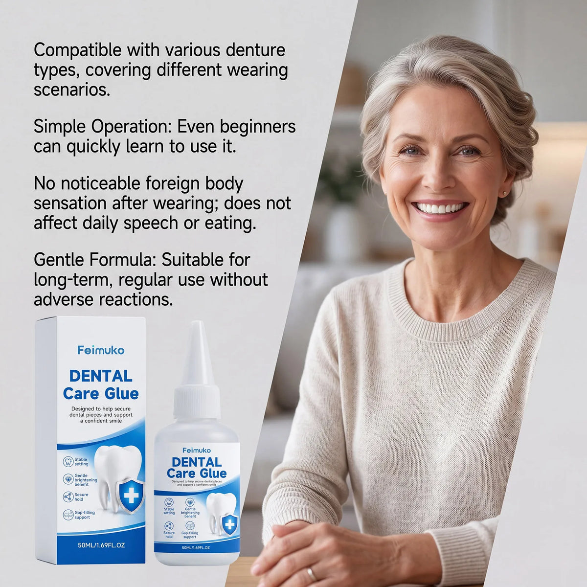 Denture Adhesive Cream. Provides strong grip for snug denture fit, lets you smile with confidence for daily oral care. Vue