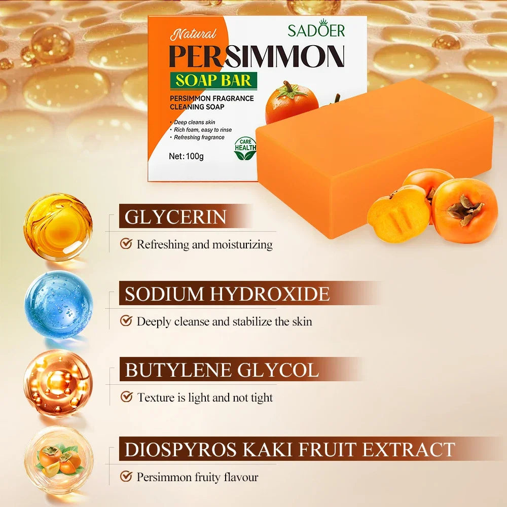 1/2Pcs Persimmon Cleansing Soap Bar with Foaming Net Body Care Face Wash Exfoliating Whitening Soap Fruit Handmade Shower Soap Vue