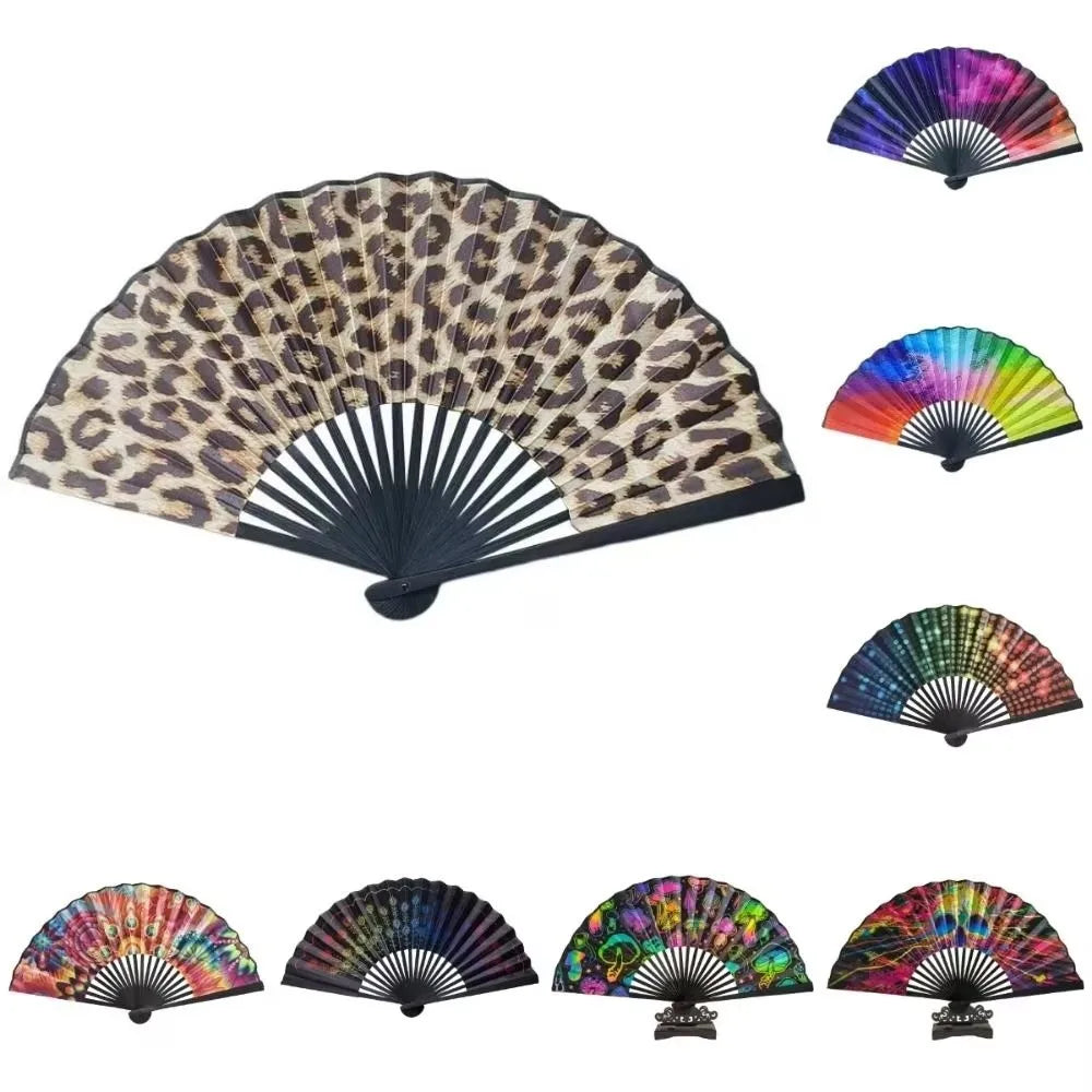 Fashion Gradient Colorful Folding Hand Fan Leopard Print Reflective