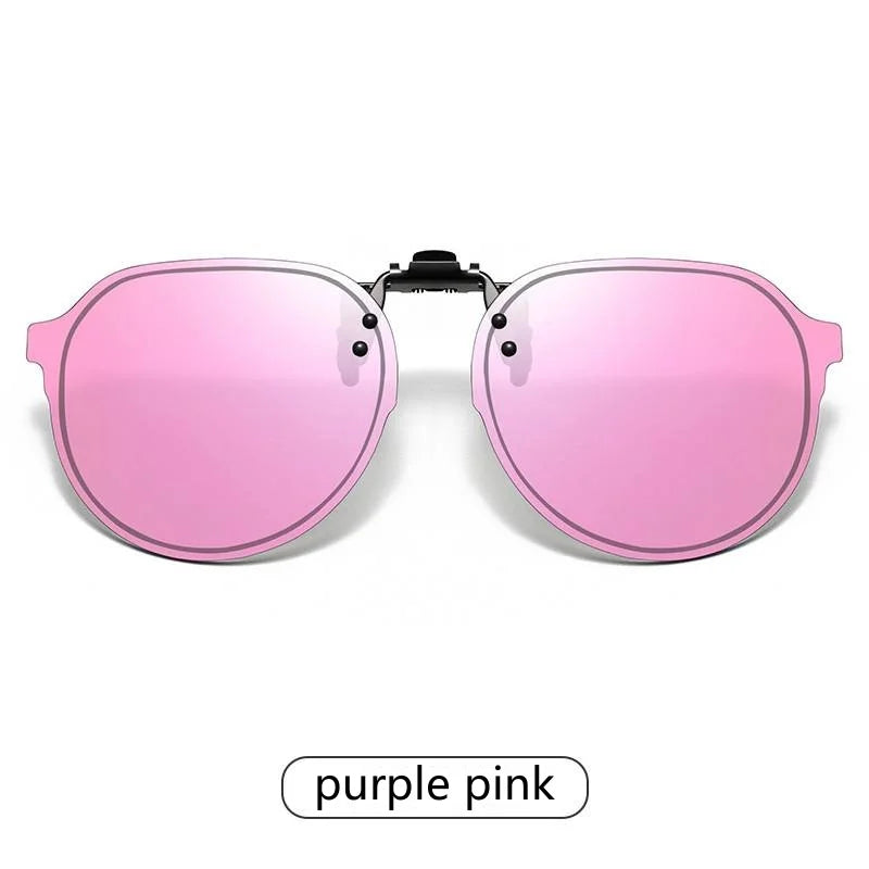 Men Flip Up Clip on Sunglasses Polarized Anti Glare Women Large Driving UV400 Mirror Sun Glasses with Clips for Glasses Frame Vue purple pink