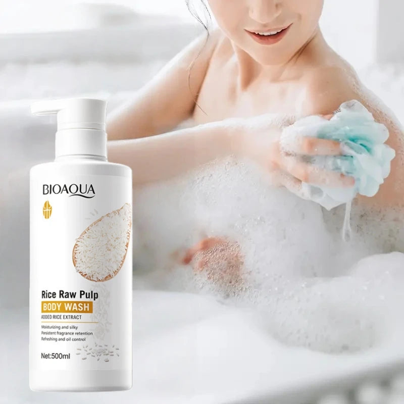 Rice Raw Pulp Body Shower Gel 500ml, Hypoallergenic and Moisturizing, Refreshing Oil Control, Long-Lasting Light Fragrance, Suitable for All Light Beige Skin Types and Sensitive Skin, Easily Removes Oil and Dirt, Daily Nouris Vue