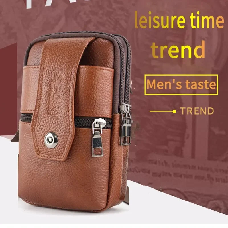 Men Leather Waist Bag Large Capacity Belt Bag Brown Shoulder Bags Crossbody Bags Multi-layer Buckle Mobile Phone Bag Bum Pouch Vue