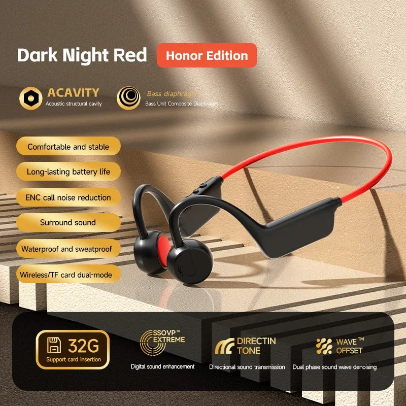 Bone Conduction Bluetooth Earbuds IPX8 Running Sports Waterproof Over-Ear Style Long Battery Life Low Noise With Mic Vue Dark Night Red