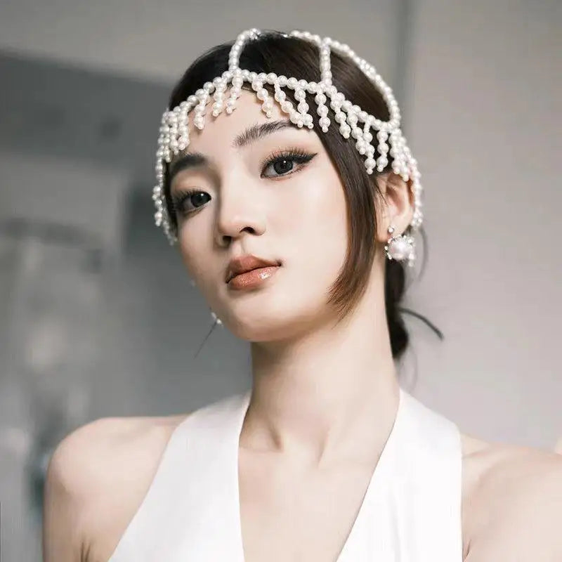European And American New Style Woven Pearl Tassel Hat Chain Bridal Temperament High-end Versatile Hair Accessories Vue