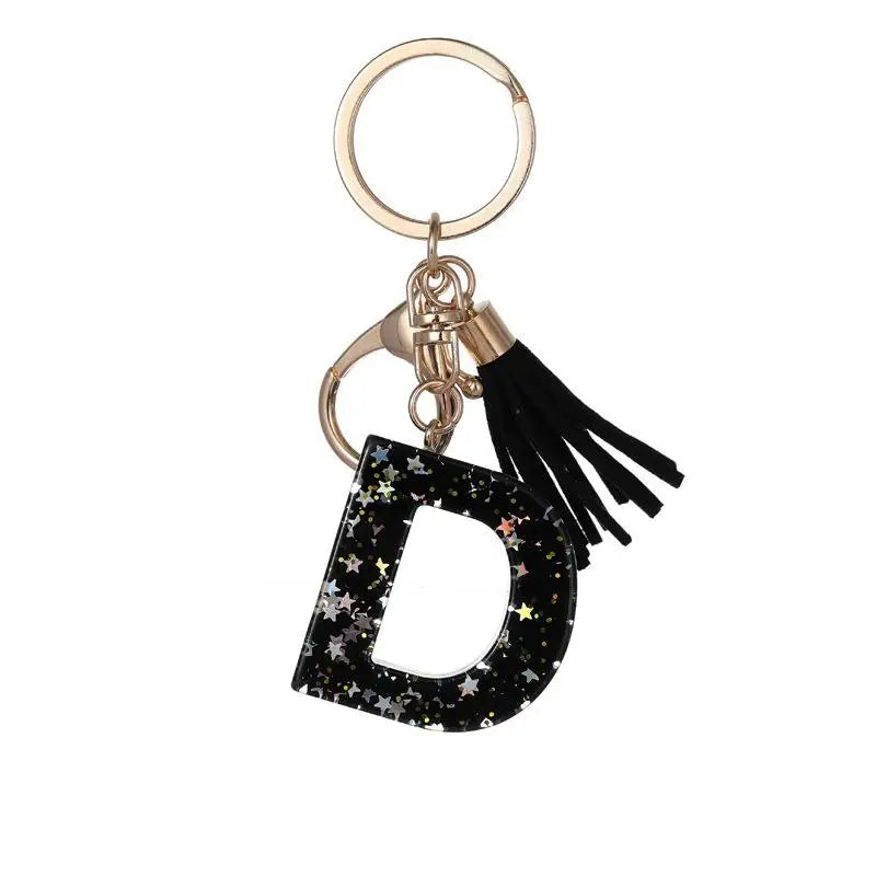 Black Glitter Star Sequins Resin 26 Letters Keychain Initials A-Z Keyring Tassel Charm Accessories Backpack Hanging Decoration Vue D