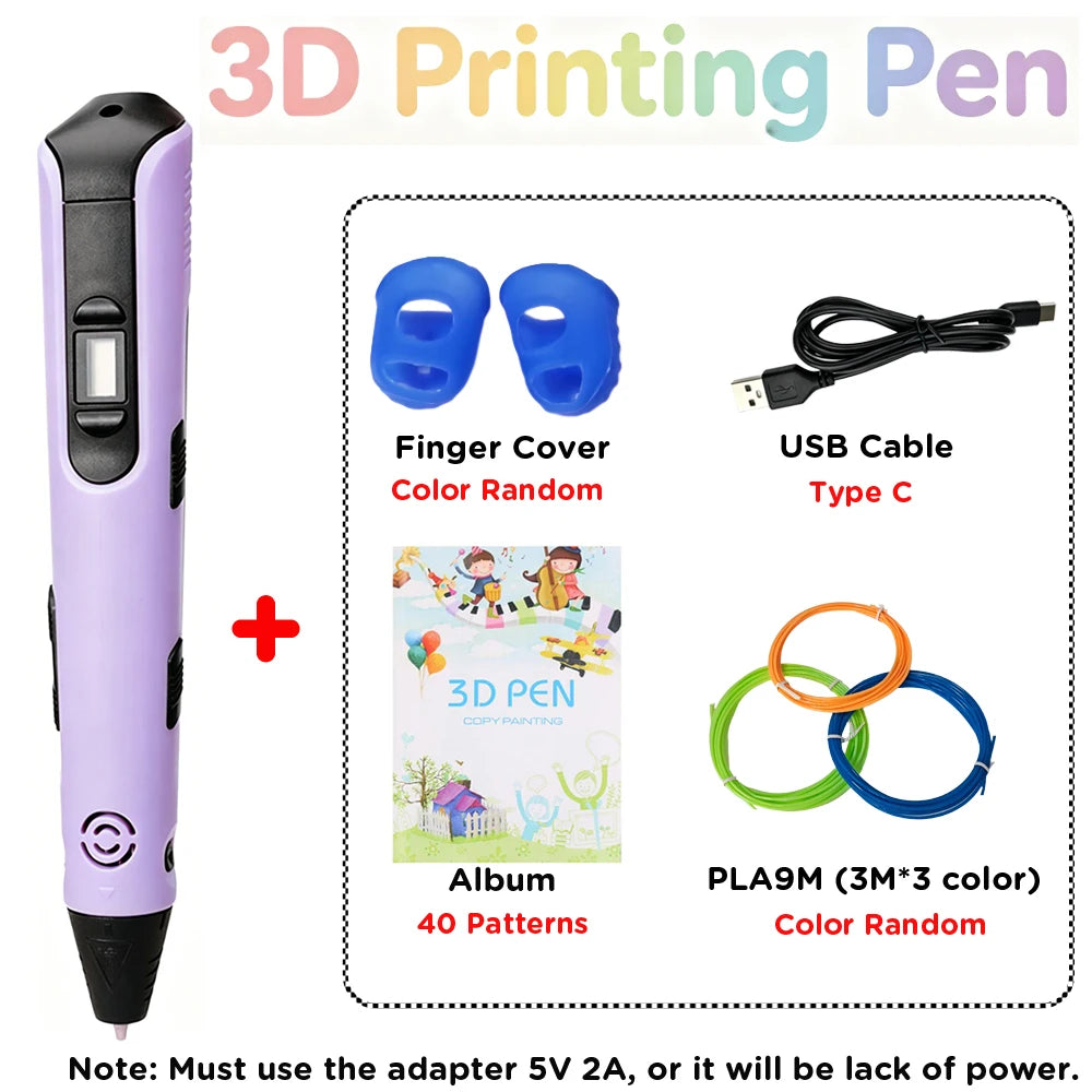 New 3D Printing Pen 1.75mm PLA Children 3D Pen Type C Cable 0.7mm Diameter Material Kids DIY Drawing Pen Boy Girl Birthday Gifts Vue Purple 9M PLA set PLA Filagment