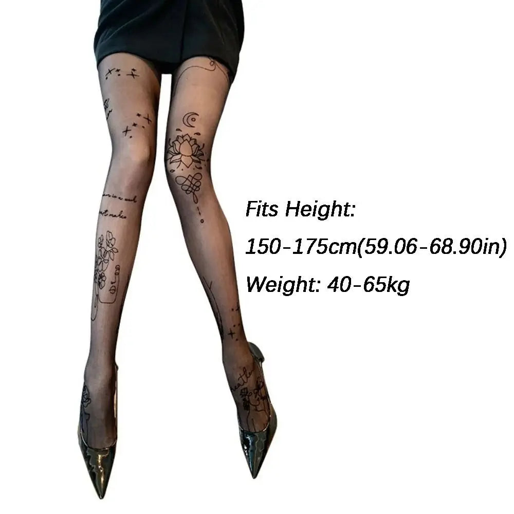 Stylish Flower Letter Tattoos Pantyhose Sheer Breathable Silk