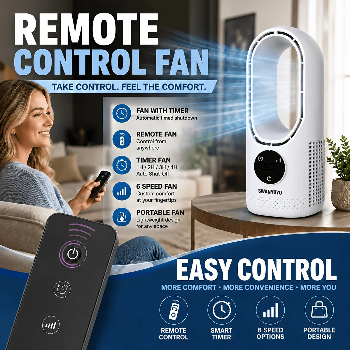 3-in-1 USB Tower Fan Bladeless Desktop Air Cooler Remote Control Vue