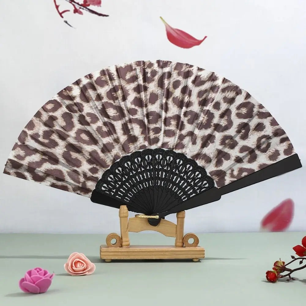 Fashion PP Folding Fan Leopard Print Black Pole Hand Fold Handheld