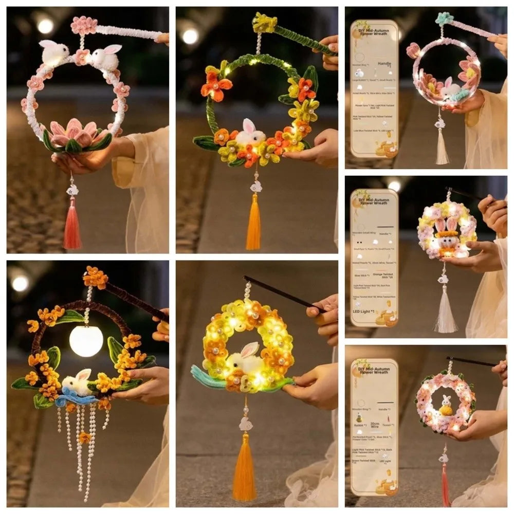 Handmade Bunny Wreath Lantern Glowing Twisted Stick Rabbit Hoop Lamp Easy-to-Make Ancient Style Chenille Stems Craft Vue