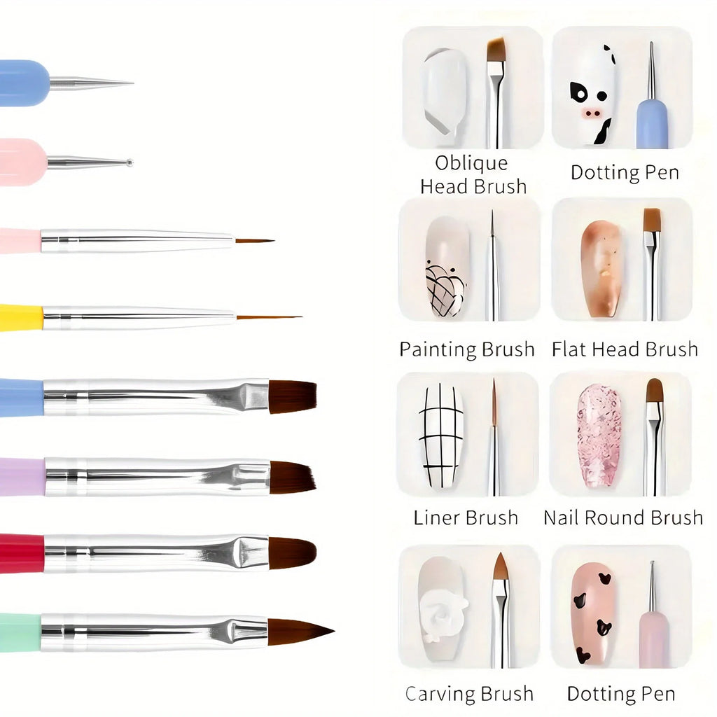 Gel Polish Nail Art Brushes Set - 6 Pcs, Gray, Wood Alloy Handle, Wood Head, Dotting Pen, Salon & DIY Nail Art Vue