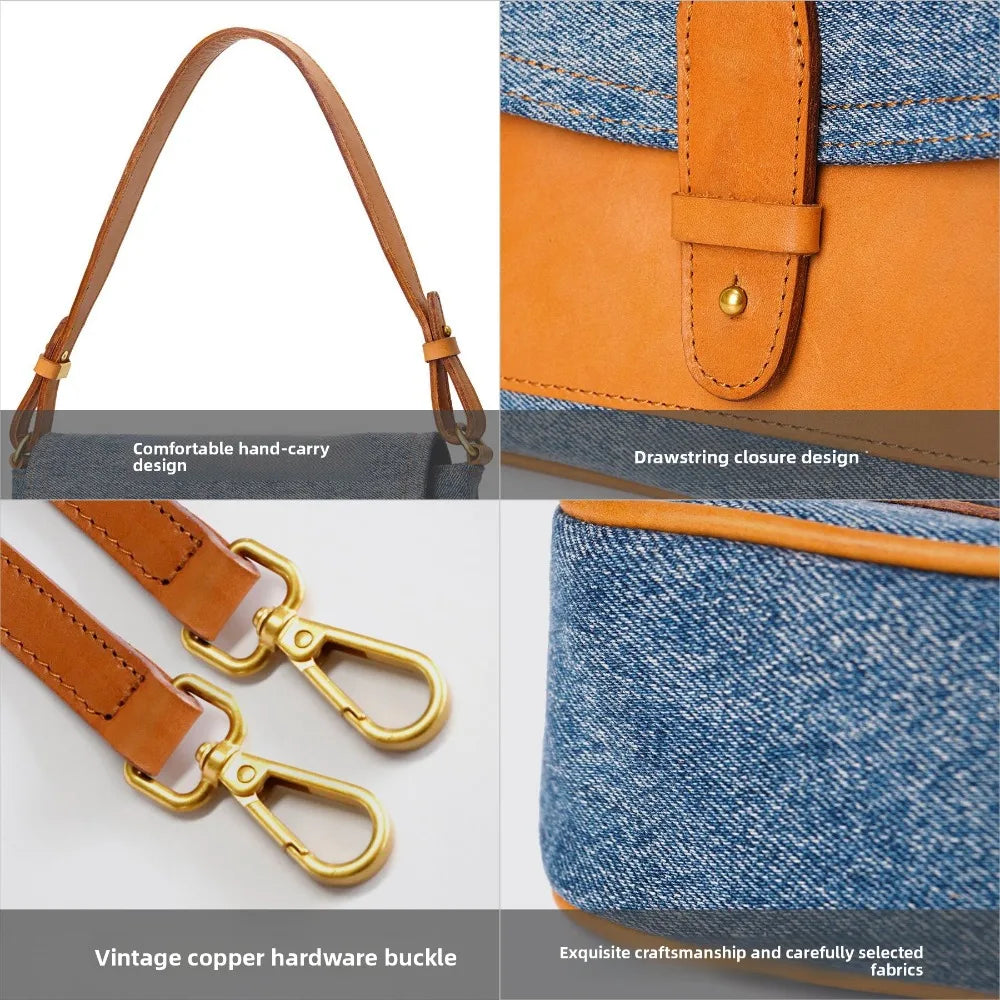 New Fashionable Women's Messenger Bag Denim Splicing Vegetable Tanned Leather Underarm Bag Women's Bag Retro Simple Casual Bag Vue