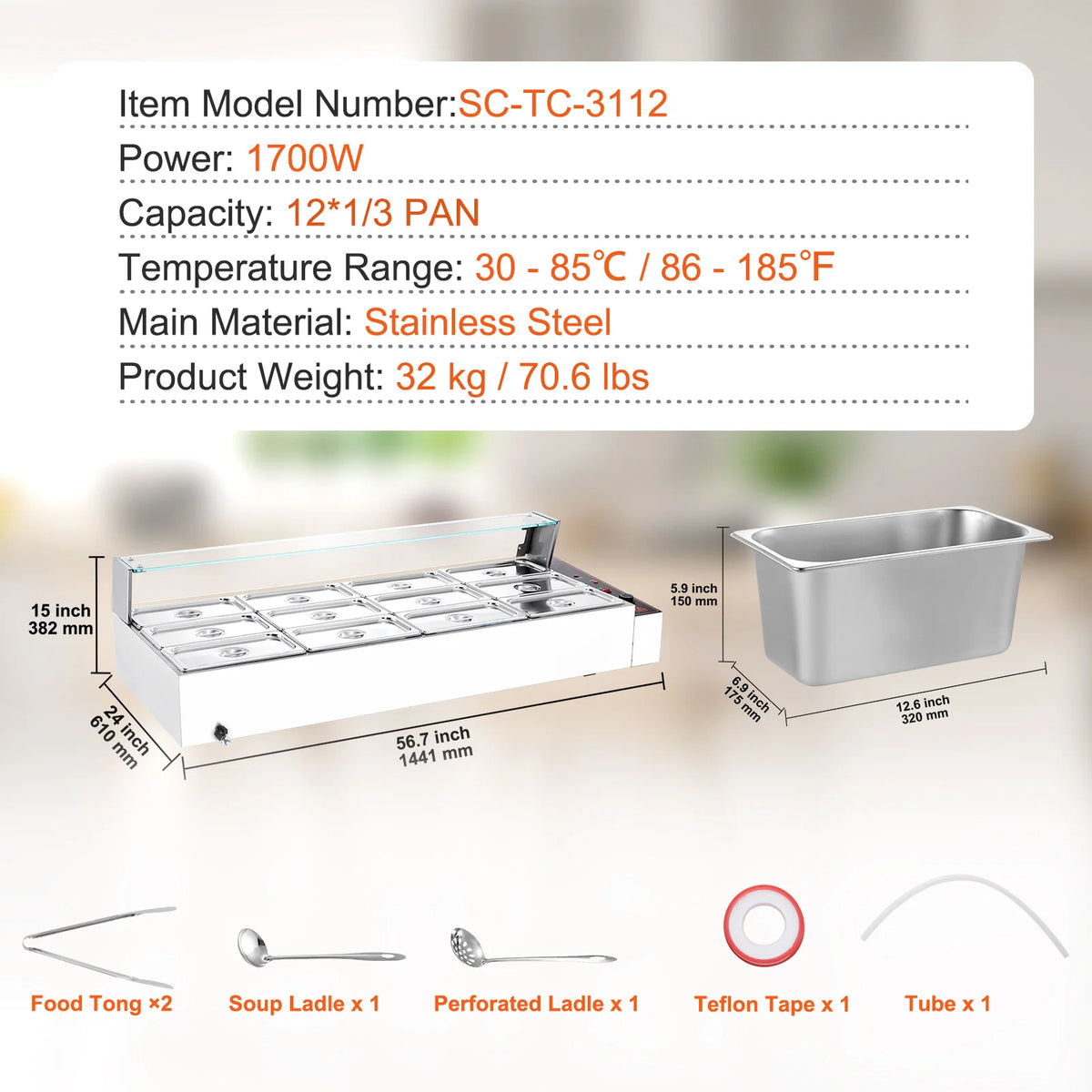 SucceBuy 12-Pan Commercial Electric Steam Table Food Warmer Commercial Food Warmer Vue 12 pans Glass Cover United States
