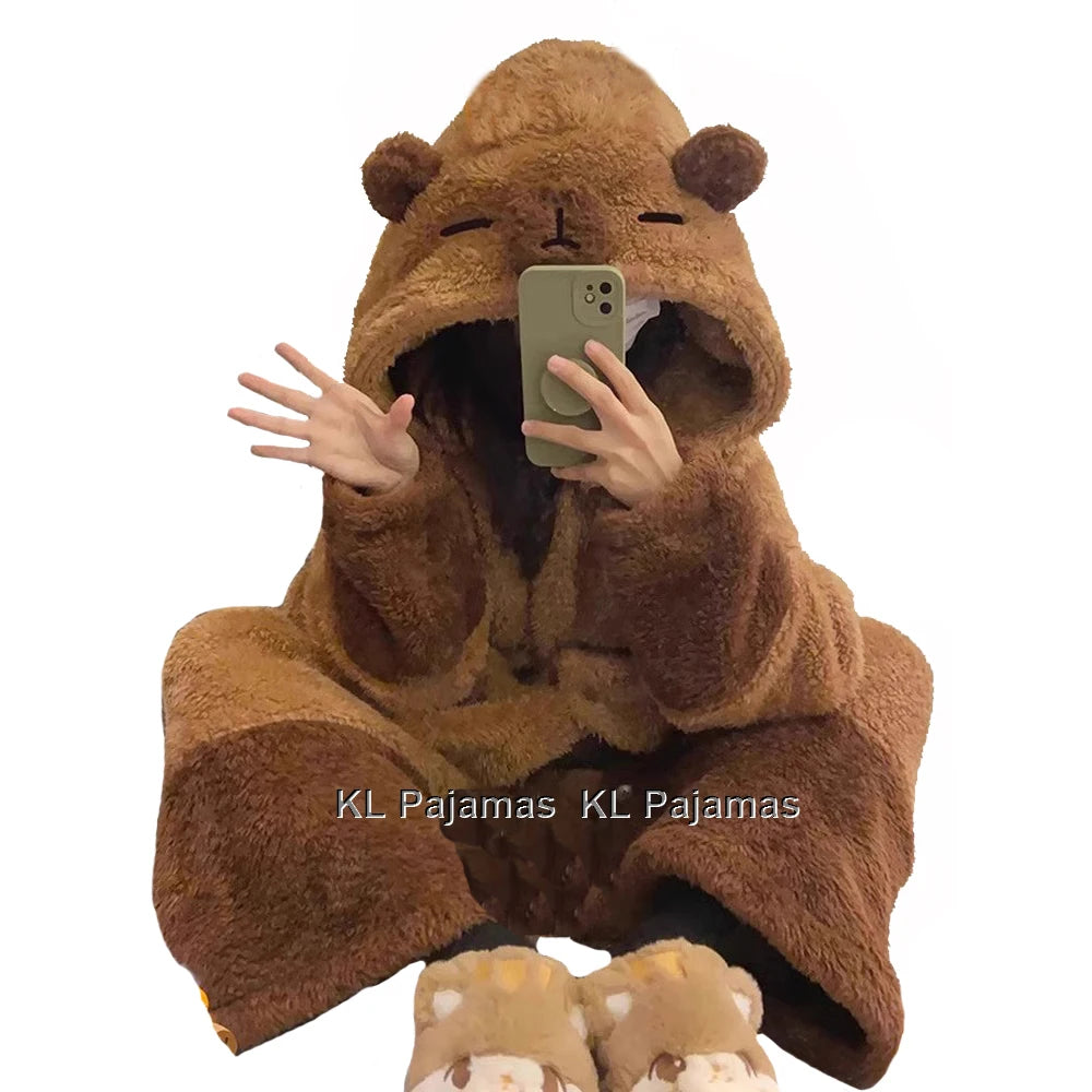 Winter Warm Flannel Nightgown Cute Long Sleeve Fleece Sleeping Dress Coffee Capybara Cosplay Hooded Sleepwear Bathrobe For Women Vue