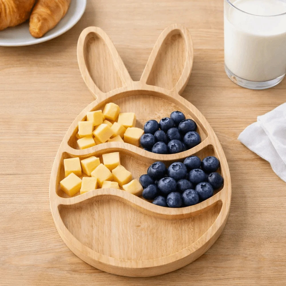 Wooden Easter Egg Shape Tray Cartoon Decorative Bunny Snack Serving Tray with Compartments Durable Food Display Plate Vue