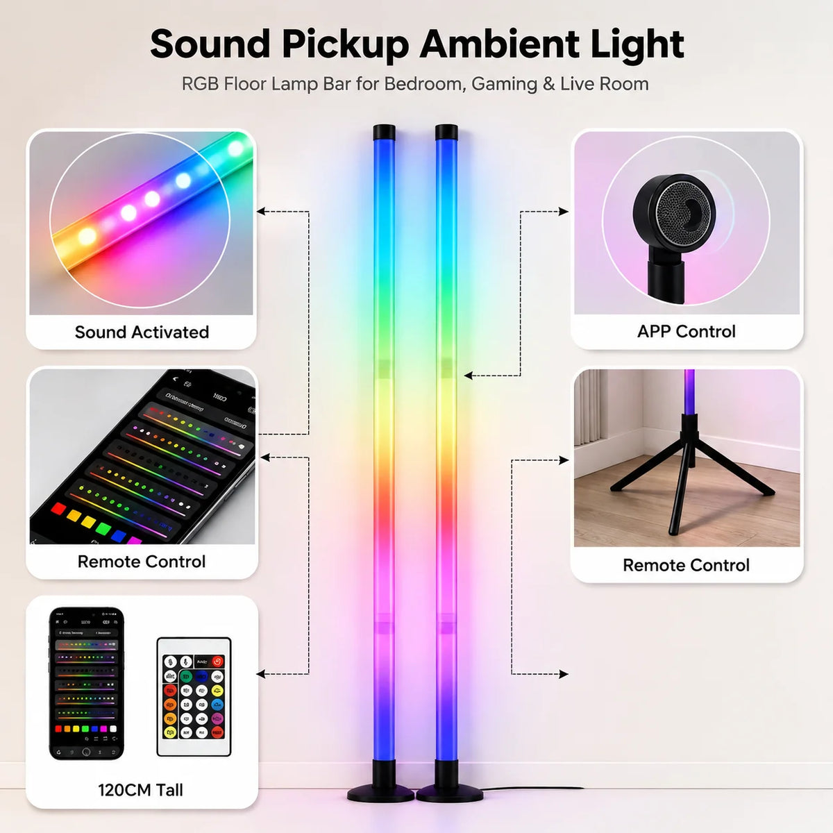 120CM RGB Corner Floor Lamp, Sound Pickup LED Light Bar for Gaming Room, E-Sports Setup Bedroom Ambient Decoration Vue