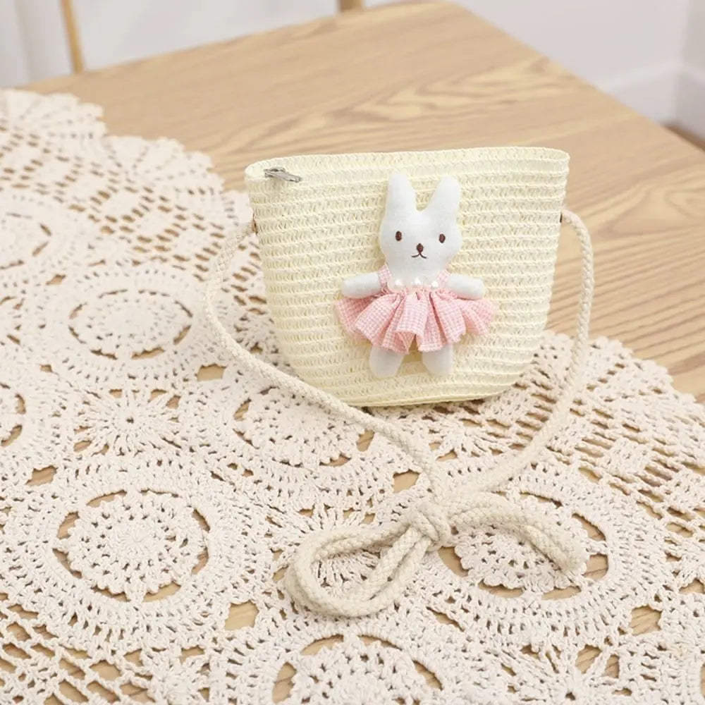 Summer Beach Cartoon Bunny Mini Straw Bag Zipper Handmade Woven Kid Vue white