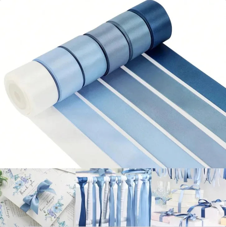 Assorted Solid Double Face Satin Ribbon 6 Rolls 25Yards for Wedding Invites Bouquets Birthday DIY Party Decor Gift Ribbons Vue blue suit 25yards