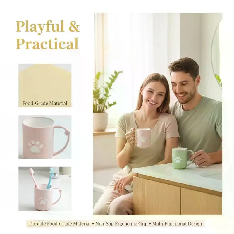 Cute Cartoon Cat Paw Couples Plastic Mouthwash Toothbrush Cup With Handle Home Bathroom Tumblers Portable Toothbrush Holder Vue