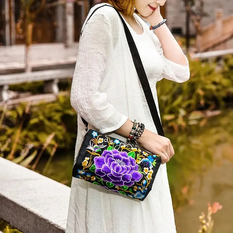 Women's Embroidered Flowers Canvas Shoulder Crossbody Bag Ladies