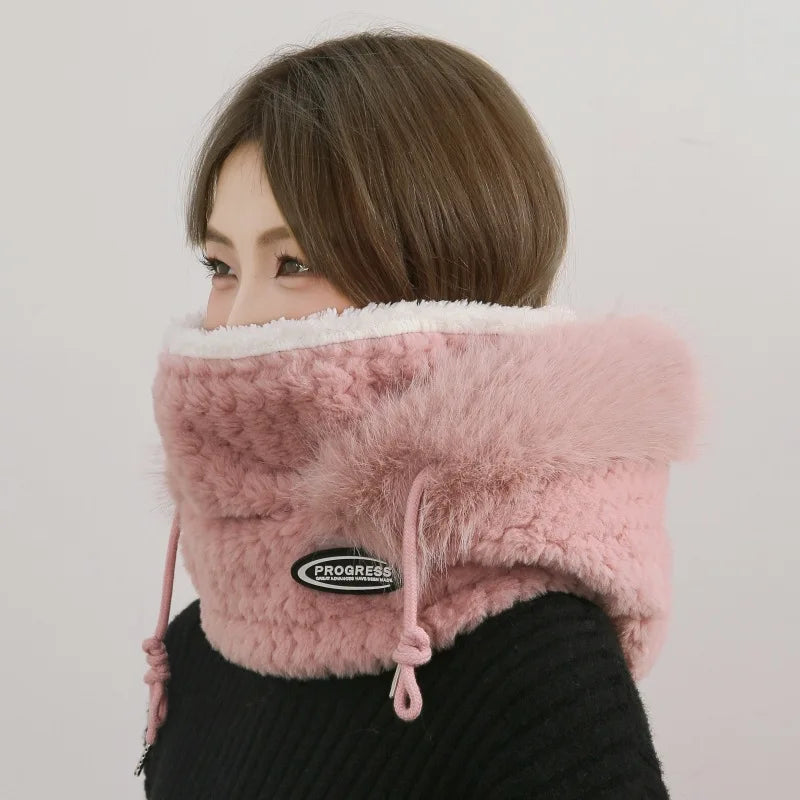 Warm Plush Winter Hat for Women Thick Hood Ear Protection Scarf and Mask Integrated Design Windproof for Riding Outdoor Travel Vue